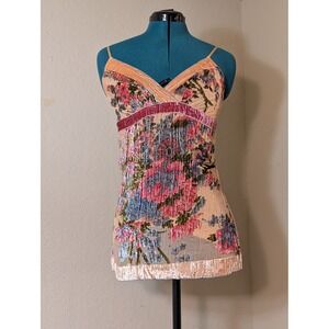 Burnout Velvet Beaded Cami Top Womens No Tag Fits XS Peach Pink Floral Y2K Fairy